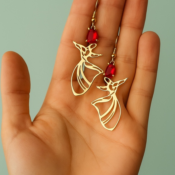 Whirling Dervish Brass Jewelry Set with Red Gemstone – Necklace and Earrings - Picture 2 of 6